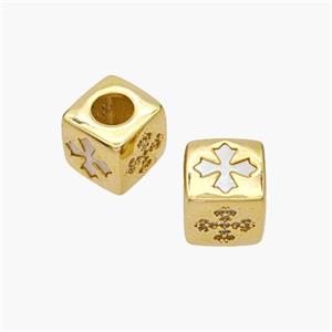 Copper Cube Beads Pave Shell Zirconia Cross Large Hole 18K Gold Plated, approx 10mm, 5mm hole