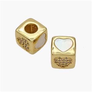 Copper Cube Beads Pave Shell Zirconia Heart Large Hole 18K Gold Plated, approx 10mm, 5mm hole