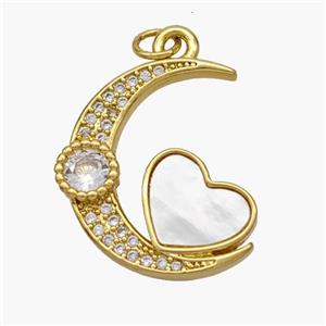 Copper Moon Heart Pendant Pave Shell Zirconia 18K Gold Plated, approx 19-21mm