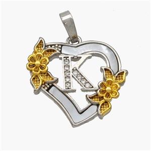 Copper Heart Pendant Pave Shell Zirconia Letter-K Platinum Plated 18K Gold Flower, approx 20mm