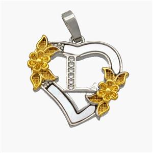 Copper Heart Pendant Pave Shell Zirconia Letter-L Platinum Plated 18K Gold Flower, approx 20mm