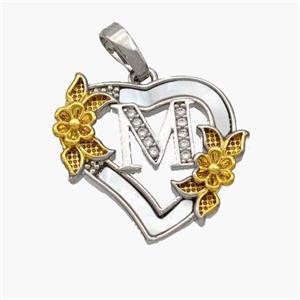 Copper Heart Pendant Pave Shell Zirconia Letter-M Platinum Plated 18K Gold Flower, approx 20mm