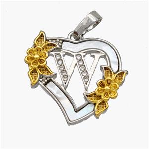 Copper Heart Pendant Pave Shell Zirconia Letter-W Platinum Plated 18K Gold Flower, approx 20mm