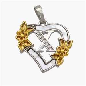 Copper Heart Pendant Pave Shell Zirconia Letter-X Platinum Plated 18K Gold Flower, approx 20mm