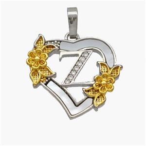 Copper Heart Pendant Pave Shell Zirconia Letter-Z Platinum Plated 18K Gold Flower, approx 20mm