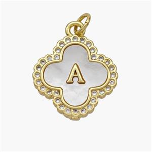 Copper Clover Pendant Pave Shell Zirconia Letter-A 18K Gold Plated, approx 17.5mm