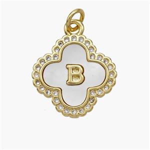 Copper Clover Pendant Pave Shell Zirconia Letter-B 18K Gold Plated, approx 17.5mm