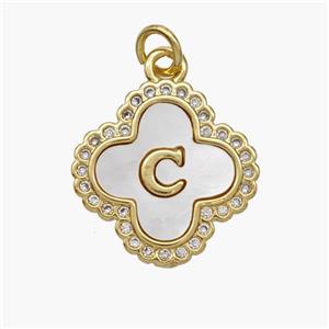 Copper Clover Pendant Pave Shell Zirconia Letter-C 18K Gold Plated, approx 17.5mm