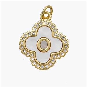 Copper Clover Pendant Pave Shell Zirconia Letter-O 18K Gold Plated, approx 17.5mm