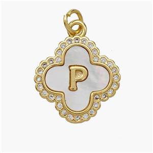 Copper Clover Pendant Pave Shell Zirconia Letter-P 18K Gold Plated, approx 17.5mm