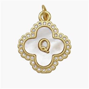 Copper Clover Pendant Pave Shell Zirconia Letter-Q 18K Gold Plated, approx 17.5mm