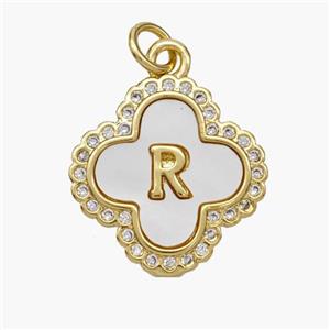 Copper Clover Pendant Pave Shell Zirconia Letter-R 18K Gold Plated, approx 17.5mm