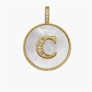 Copper Letter-C Pendant Pave Shell Zirconia Circle 18K Gold Plated, approx 18mm