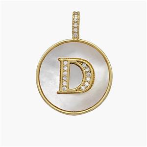 Copper Letter-D Pendant Pave Shell Zirconia Circle 18K Gold Plated, approx 18mm