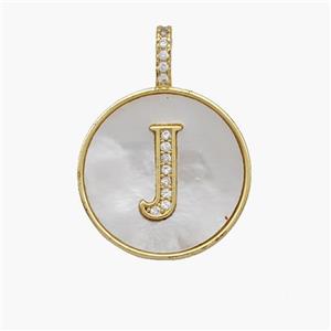 Copper Letter-J Pendant Pave Shell Zirconia Circle 18K Gold Plated, approx 18mm