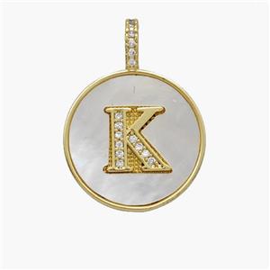 Copper Letter-K Pendant Pave Shell Zirconia Circle 18K Gold Plated, approx 18mm