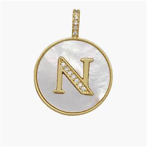 Copper Letter-N Pendant Pave Shell Zirconia Circle 18K Gold Plated, approx 18mm