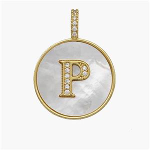 Copper Letter-P Pendant Pave Shell Zirconia Circle 18K Gold Plated, approx 18mm