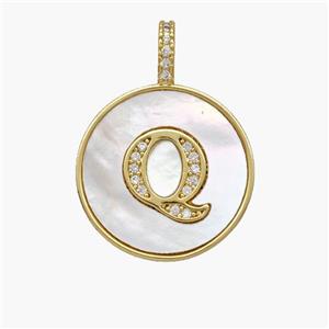 Copper Letter-Q Pendant Pave Shell Zirconia Circle 18K Gold Plated, approx 18mm