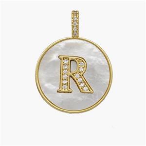 Copper Letter-R Pendant Pave Shell Zirconia Circle 18K Gold Plated, approx 18mm