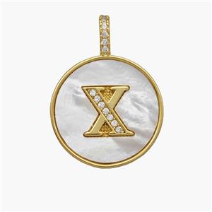 Copper Letter-X Pendant Pave Shell Zirconia Circle 18K Gold Plated, approx 18mm