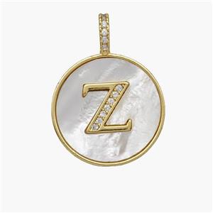 Copper Letter-Z Pendant Pave Shell Zirconia Circle 18K Gold Plated, approx 18mm