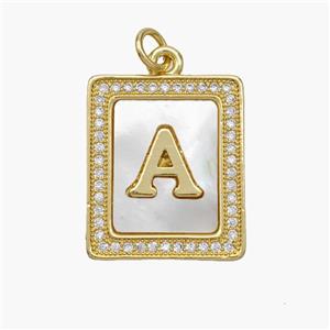 Copper Letter-A Pendant Pave Shell Zirconia Rectangle 18K Gold Plated, approx 17-20mm