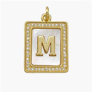 Copper Letter-M Pendant Pave Shell Zirconia Rectangle 18K Gold Plated, approx 17-20mm