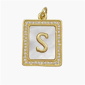 Copper Letter-S Pendant Pave Shell Zirconia Rectangle 18K Gold Plated, approx 17-20mm