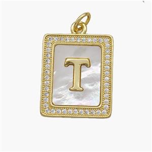 Copper Letter-T Pendant Pave Shell Zirconia Rectangle 18K Gold Plated, approx 17-20mm