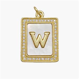 Copper Letter-W Pendant Pave Shell Zirconia Rectangle 18K Gold Plated, approx 17-20mm