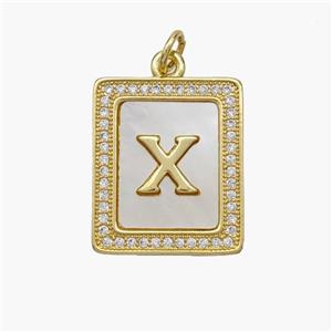 Copper Letter-X Pendant Pave Shell Zirconia Rectangle 18K Gold Plated, approx 17-20mm