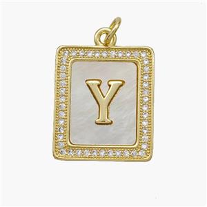 Copper Letter-Y Pendant Pave Shell Zirconia Rectangle 18K Gold Plated, approx 17-20mm