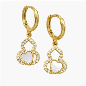 Copper Gourd Hoop Earrings Pave Shell Zirconia Heart 18K Gold Plated, approx 10-13mm, 12mm dia