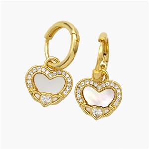 Copper Heart Hoop Earrings Pave Shell Zirconia 18K Gold Plated, approx 12mm, 12mm dia