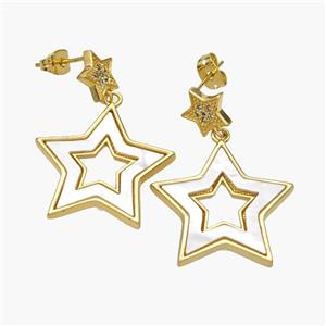 Copper Star Stud Earrings Pave Shell Zirconia 18K Gold Plated, approx 9mm, 24mm