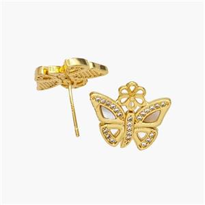 Copper Butterfly Stud Earrings Pave Shell Zirconia 18K Gold Plated, approx 15-17mm