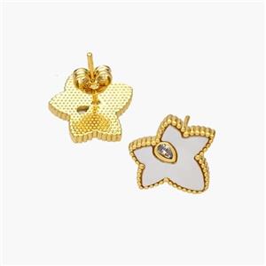 Copper Maple Leaf Stud Earrings Pave Shell Zirconia 18K Gold Plated, approx 12-14mm