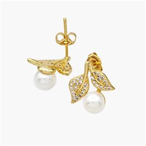 Copper Leaf Stud Earrings Pave Zirconia Pearlized Resin 18K Gold Plated, approx 13mm