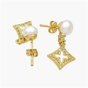 Copper Cross Stud Earrings Pave Pearlized Resin Shell 18K Gold Plated, approx 12.5mm, 7mm