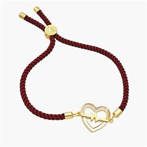 Darkred Nylon Bracelet With Copper Heart Pave Shell Adjustable, approx 18mm, 3mm, 22cm length