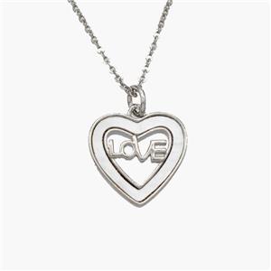 Copper Heart Necklace Pave Shell LOVE Platinum Plated, approx 15mm, 1.2mm, 44cm length