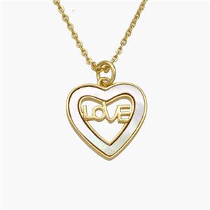 Copper Heart Necklace Pave Shell LOVE Gold Plated, approx 15mm, 1.2mm, 44cm length