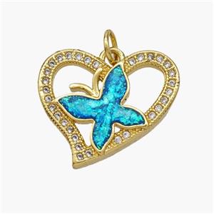 Copper Heart Butterfly Pendant Pave Fire Opal Zirconia 18K Gold Plated, approx 18-19mm