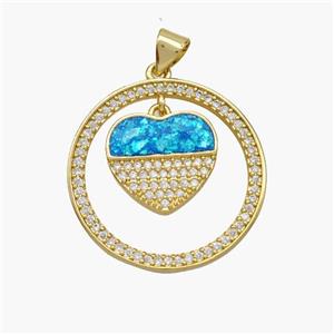 Copper Heart Pendant Pave Fire Opal Zirconia Circle 18K Gold Plated, approx 14mm, 24mm