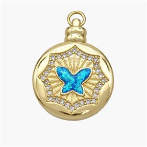 Copper Butterfly Pendant Pave Fire Opal Zirconia Circle 18K Gold Plated, approx 21mm