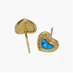 Copper Heart Stud Earrings Pave Fire Opal Zirconia 18K Gold Plated, approx 10mm