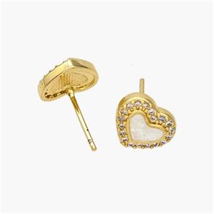 Copper Heart Stud Earrings Pave Fire Opal Zirconia 18K Gold Plated, approx 10mm