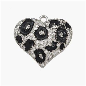 Copper Heart Pendant Micropave Zirconia Black Enamel Platinum Plated, approx 17-20mm