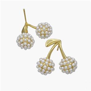 Copper Cherry Stud Earrings Micropave Pearlized Resin Gold Plated, approx 10mm, 23mm